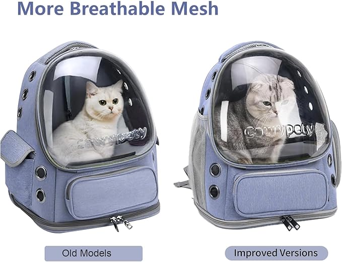 Cat Backpack Carrier, Breathable Cat Carrier Large Space Bubble Pet Backpack for Kitty Small Dog up to 12lbs, Transparent & Foldable Pet Carrier for Travel Hiking (Blue-Mewly Pet