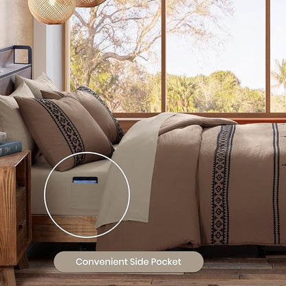 MaiRêve Embroidery Full Size Comforter Set Brown, Farmhouse Western Boho Bedding Set 7 Pieces, All Season Bed in A Bag Comforter Set with Sheets, Pillowcases & Shams