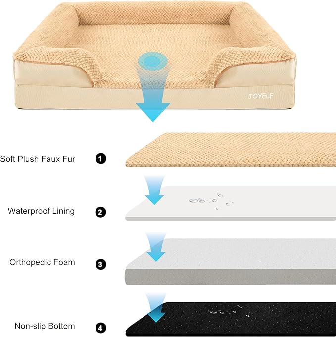 JOYELF Orthopedic Dog Bed for Extra Large Dogs, Foam Sofa Couch Bed, Waterproof with Removable Washable Cover and Nonskid Bottom, Durable - Khaki-Mewly Pet