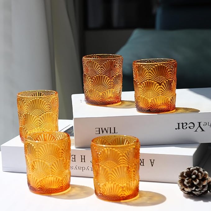 Woho 12Pcs Amber Votive Candle Holders, Glass Amber Candle Holder for Fall Wedding, Boho Tea Lights Candle Holder for Halloween Thanksgiving Centerpieces Table Decoration