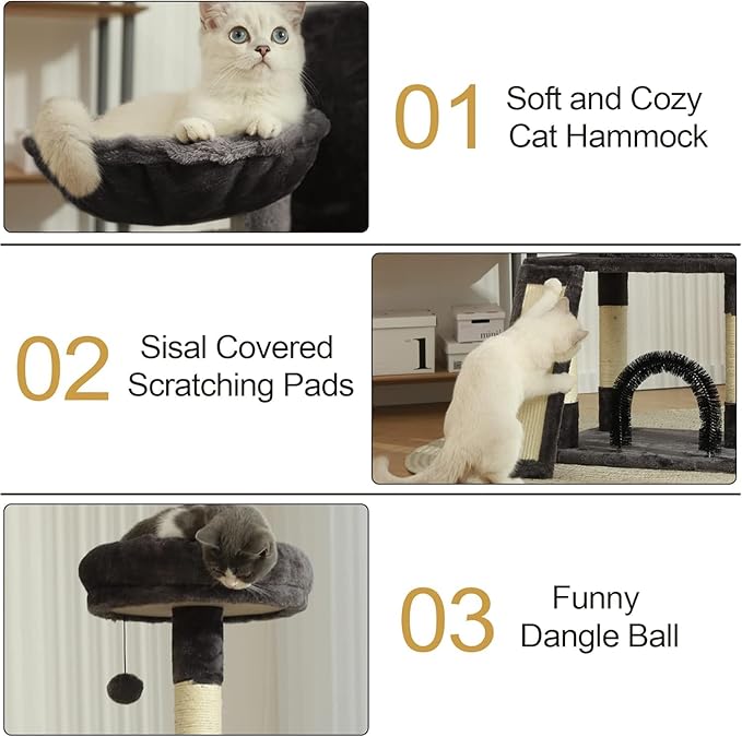 HOOPET 44IN Cat Tree for Indoor Cats - Multi-Level Cat Tower with Hammock, Condo, Scratching Posts, Self-Grooming Brush & Play Ball - Space-Saving Cat Furniture for Small Apartments-Mewly Pet