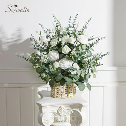 Serwalin 100 Pcs 7 Kinds Mixed Artificial Eucalyptus Leaves Stems Bulk with Flowers Faux Silver Dollar Eucalyptus Stmes Greenery Branches for Wedding Floral Arrangement Centerpieces Home Decor