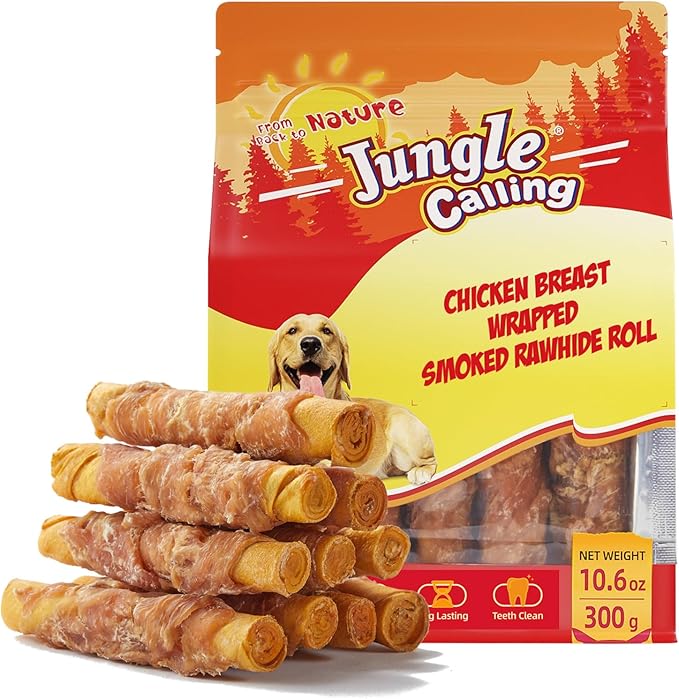 Jungle Calling Dog Treats Smoked Chicken Wrapped Rawhide Rolls, High Protein Dog Chews, Rawhide Chews for Medium and Large Dogs, 10.6 Oz-Mewly Pet