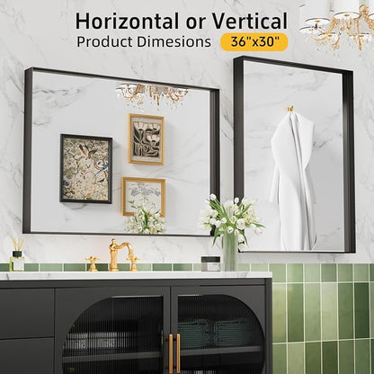 36”x 30” Black Bathroom Mirrors for Over Sink,Metal Framed Rectangle Mirrors, Tempered Glass, Black Wall Decor Mirror for Living Room Farmhouse Bedroom Entryway, (Horizontal/Vertical)