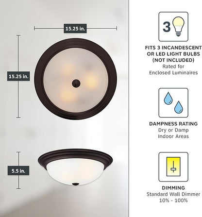 DESIGNERS FOUNTAIN Reedley 3-Lights Flush Mount Ceiling Light, 15 Inch Lighting Fixture for Kitchen, Bedroom, Bathroom, and Hallway, Oil Rubbed Bronze with Etched Glass, 1257L-ORB-W