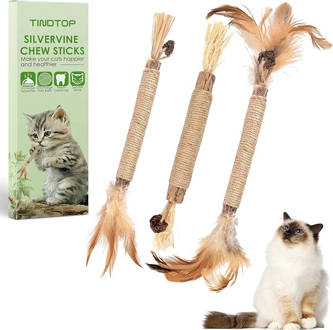 TINDTOP Silvervine Sticks for Cats with Natural Feather, Catnip Chew Toys for Kittens Teeth Cleaning, Increase Appetite, Calm Cat Anxiety and Stress, Cat Dental Toy (3 Pack)-Mewly Pet