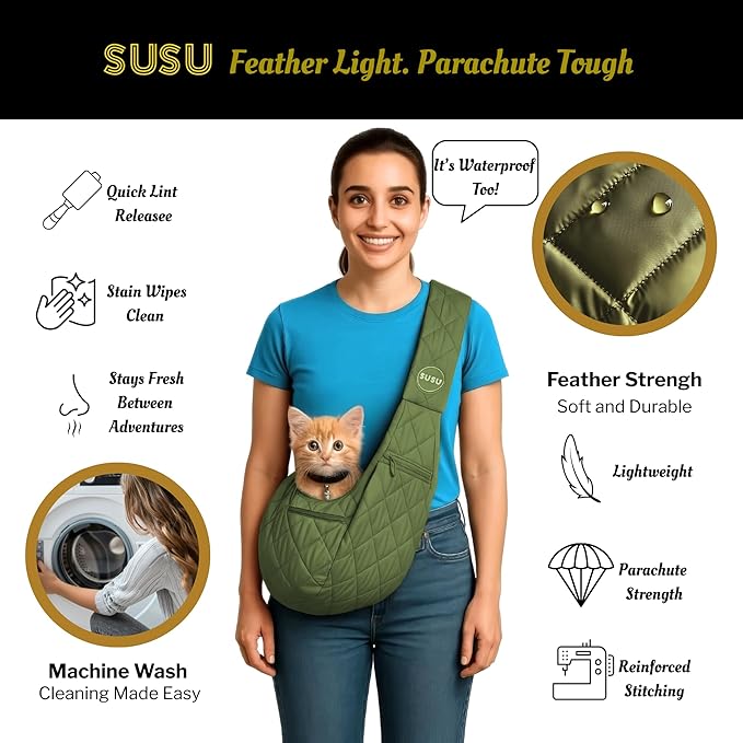 Small Dog Carrier Sling – Olive Green Hands‑Free 2‑in‑1 Sling & Handheld Carrier for Dogs up to 10 lbs, Parachute‑Grade Rip‑Stop Nylon, 4″ Padded Strap, Safety Tether & Pockets-Mewly Pet