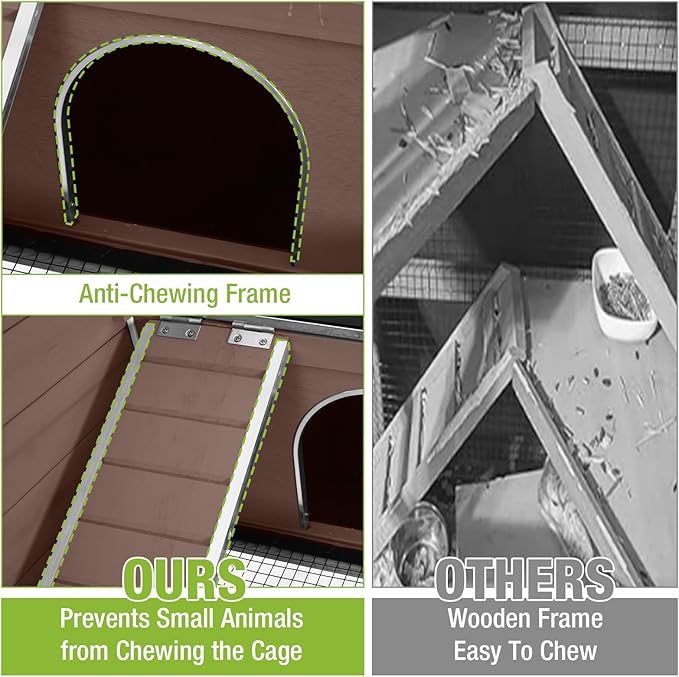 GUTINNEEN Rabbit Hutch Bunny House, 36.6" L Rabbit Cage with Anti Chewing Ramp, Guinea Pig Cage with Cooling Galvanized Sheet, Detachable Legs(Brown)-Mewly Pet