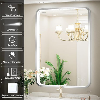 24x36 Inch LED Bathroom Mirror with Lights,Silver Metal Framed Brushed Lighted Vanity Mirror,Antifog Stepless Dimmable,Wall Mounted(Horizontal/Vertical)
