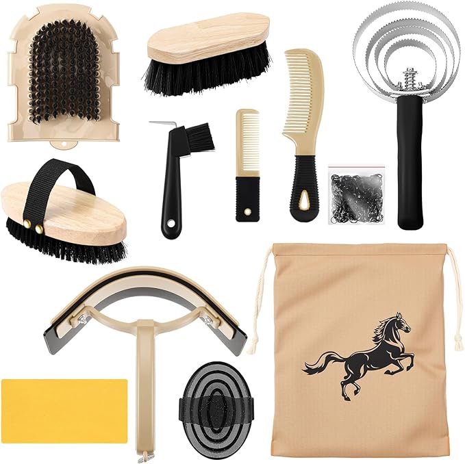 Abbylike 12 Pieces Horse Grooming Kit Racing Festival Tack Room Supplies Horse Brush Sets Equine Care Cleaning Kit Shedding Grooming Massaging Tools(Black)-Mewly Pet
