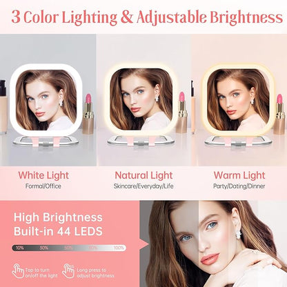 FASCINATE 20X Magnification Compact Travel Makeup Mirror with Lights and Magnification, 3.5 inch Portable 1X/20X Magnifying Mirror with 3 Color Light, Folding, Handheld (Pink)