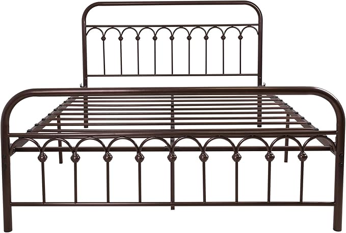 Metal Bed Frame Queen Size with Vintage Headboard and Footboard Platform Base Wrought Iron Double Bed Frame (Queen, Antique Brown)