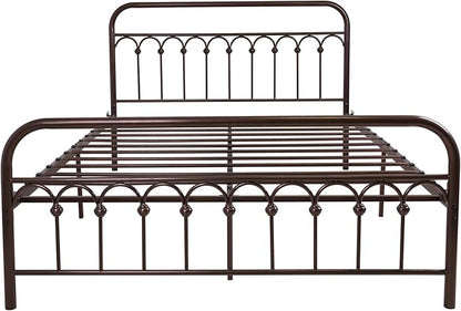 Metal Bed Frame Queen Size with Vintage Headboard and Footboard Platform Base Wrought Iron Double Bed Frame (Queen, Antique Brown)