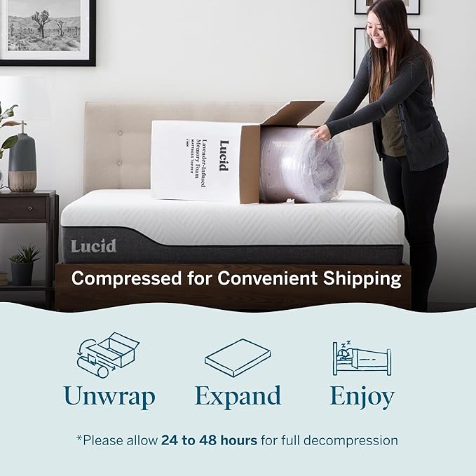 LUCID 4 Inch Lavender Infused Memory Foam Mattress Topper, Full Size – Ventilated Design – Pressure Relieving Bed Topper - Mattress Pad – CertiPur Certified
