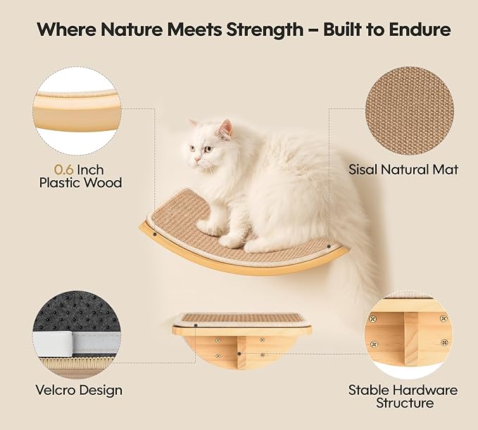 Wood Cat Wall Shelves with Sisal Cats Window Perch, Wall Mounted 4-Piece Cat Climbing Set with Curved Bed, Flat Perch and Sisal-Covered Steps-Mewly Pet