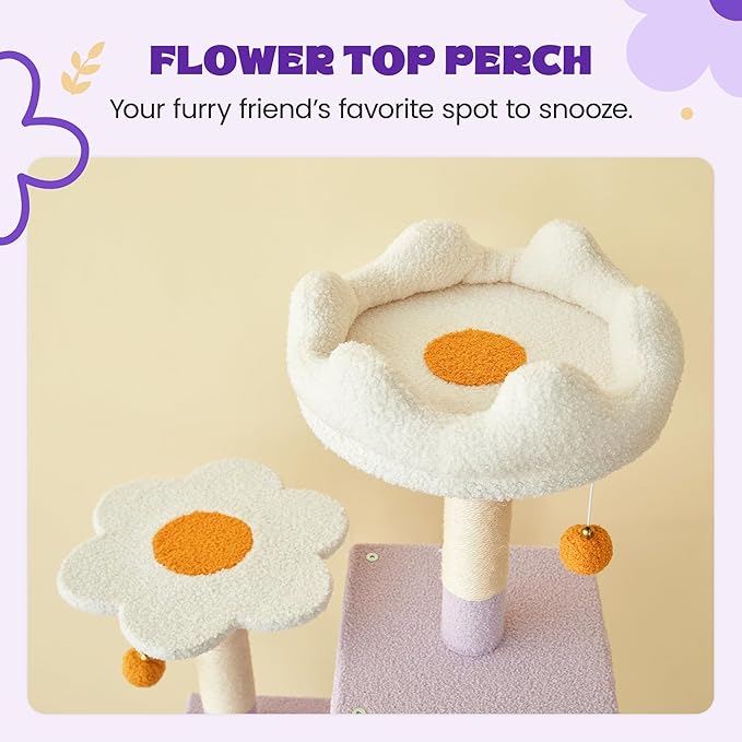 MWPO Flower Large Cat Tree, 70.1-Inch Multi-Level Tall Cat Tower for Indoor Cats, Plush Cat Condo with Big Padded Perches, Sisal-Covered Scratching Posts, Hammock, Toys for Kittens & Cats-Mewly Pet