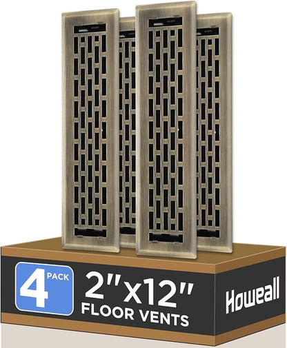 2x12 Inches 4 Pack Heavy Duty Walkable Floor Register - Easy Adjust Air Supply Lever Decorative Floor Vent Covers, Boston Design Vent Covers for Home - Antique Brass