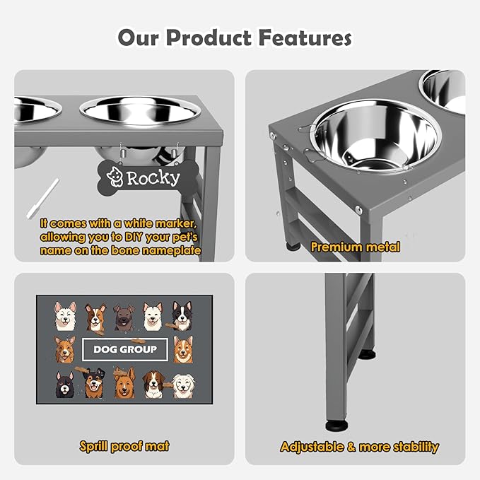 Elevated Dog Bowls, 10" Tall Height, Raised Bowl Stand with 2 Stainless Steel Food Feeder Bowls (58oz) and Spill-Proof Mat for Medium Large and Small Breeds, Grey-Mewly Pet