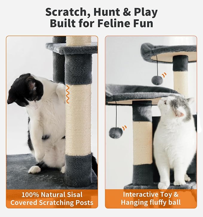 Made4Pets Tall Cat Tree, 80" Cat Tree Tower for Indoor Cats Large Adult, Modern Cat Tower with Scratching Post, Cozy Hammock, 3 Perches and 2 Condos, Sturdy and Fluffy, Dark Gray-Mewly Pet