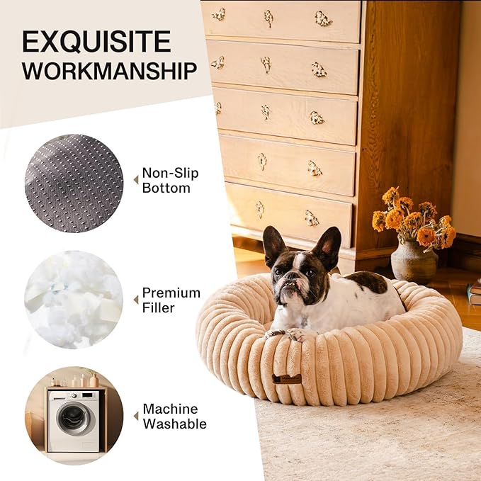 MEWOOFUN Donut Dog Beds for Small Dog, Calming Bed Round Cute Puppy Bed with Non-Slip Bottom, Fluffy Washable Pet Bed for Puppy and Kitten (Light Brown, S (25x25x7))-Mewly Pet