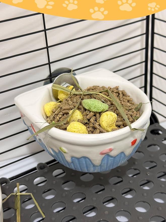 Chinchilla Food Bowl Ceramic Guinea Pig Cage Feeder Hanging Bunny Food Dish Small Animal Feeding Bowls for Syrian Hamster Ferret Gerbils (Blue)-Mewly Pet