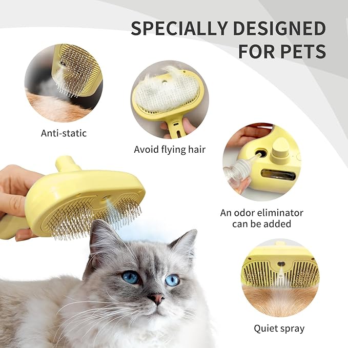 3 In 1 Steamy Brush with Release Button and Tank, Anti-Static Pet Brush for Long and Short Hair Pets to Remove Tangles and Loose Fur (Yellow)-Mewly Pet