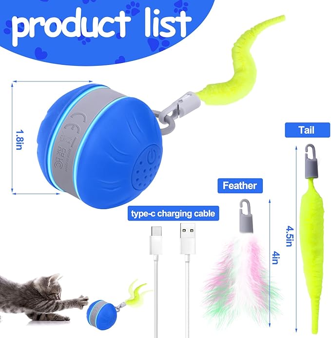 AIERSA Interactive Cat Toys for Indoor Adult Cats, Automatic Self-Play Cat Ball Toy for Kitten to Keep Them Busy, Electric Moving Chase Toy (Blue)-Mewly Pet