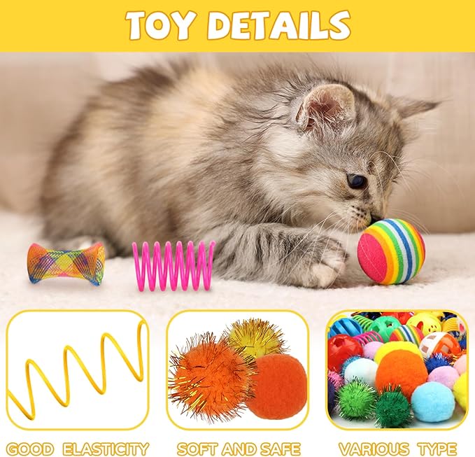 Kitten Toys, 60PCS Cat Balls Springs Toy Set, Cat Mouse Toy, Kitten Sparkle Crinkle Balls Furry Soft Pom Pom-Mewly Pet