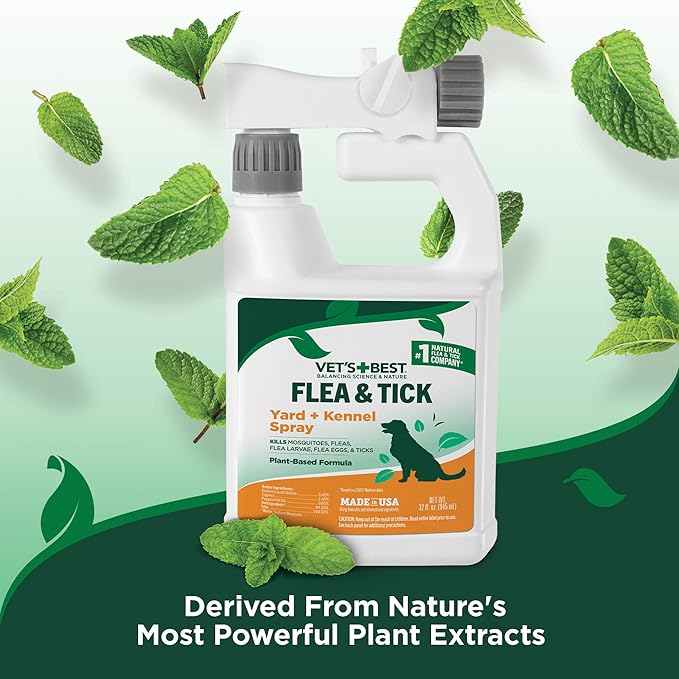 Vet's Best Flea and Tick Yard & Kennel Spray, Dog Flea Spray that Kills Fleas, Mosquitoes, & Ticks, Plant-Based Ingredients, Plant Safe Ready-to-Use Hose Attachment, 32 fl oz-Mewly Pet