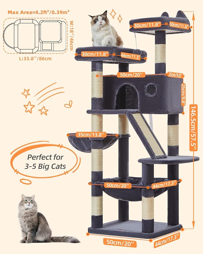 Taoqimiao Cat Tree 57.5-Inch, Cat Tower for Indoor Cats Large Adult, Extra Large Cat Condo, 8 Sisal Scratching Posts, Metal Frame Cozy Hammock, Durable Scratch Board, 2 Top Perches, Smoky Gray MS026G-Mewly Pet