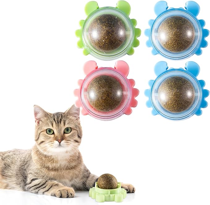 4 Pack Catnip Balls Roller Wall Ball for Cats Spinning Catnip Station Licking Balls Organic Cat nip Chew Ball for Teeth Cleaning & Play-Mewly Pet