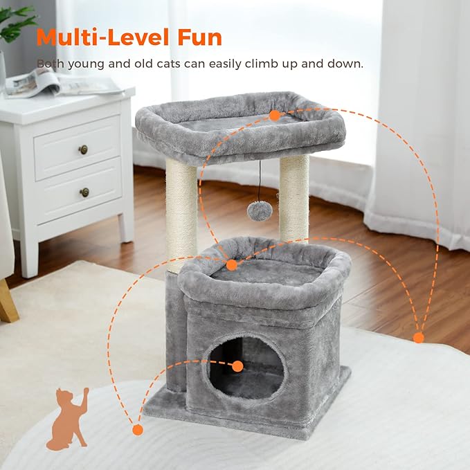 PEQULTI Cat Tree Tower for Indoor Cats with Private Cozy Cat Condo, Natural Sisal Scratching Posts and Plush Pom-pom for Small Cats-Mewly Pet