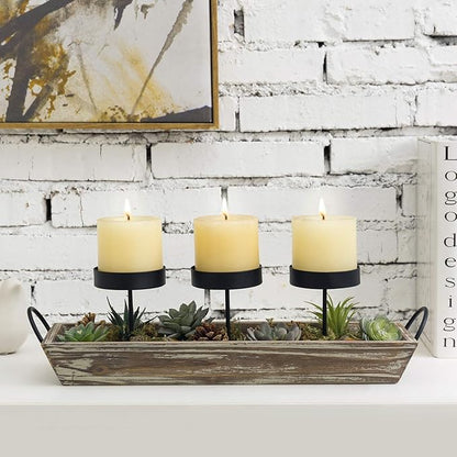MyGift Solid Torched Wood Candlescape Display Tray Set with Metal Pillar Candle Holder and Decorative Fake Succulent Plants and Pine Cones - Holds 3 Candles