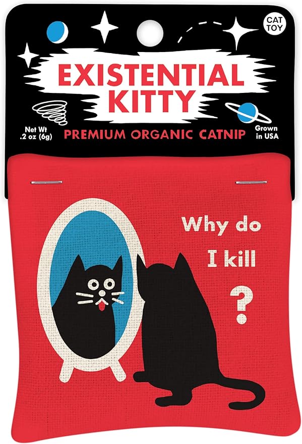 Blue Q Existential Kitty Catnip Cat Toy. Premium Organic Catnip Grown in The USA, 100% Cotton Pouches, Kitty Graphics Sure to Delight Every Cat-Keeper.-Mewly Pet