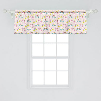 Ambesonne Cartoon Window Valance Pack of 2, Pastel Rainbows Clouds Raindrops Sky Theme, Rod Pocket Curtain Valances for Kitchen Bedroom, 42" X 18", Rose and Multicolor