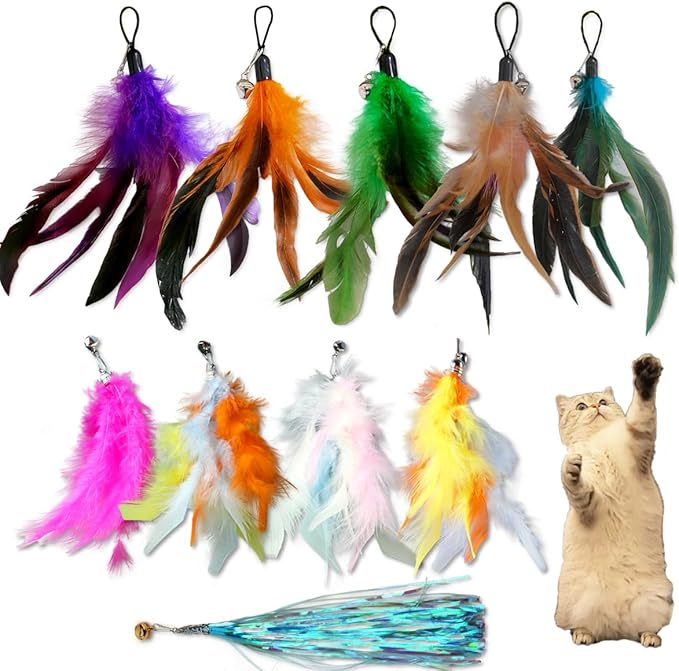 LogFaadCoi 10-Pack of Vibrant Feathered Cat Toy Refills: Perfect Wand Attachments for Indoor Cats, Enhance Your Pet's Playtime with These Exciting Replacement Feather Cat Toys-Mewly Pet