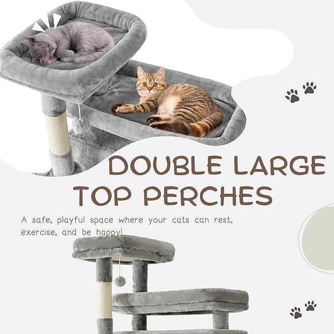 Cat Tree, 80-Inch Large Cat Tower with 9 Scratching Posts, 2 Perches, 2 Caves, 2 Basket, 2 Stairs, Extra Large Hammock, Pompoms, Multi-Level Plush Cat Condo for Indoor Cats/Light Grey-Mewly Pet