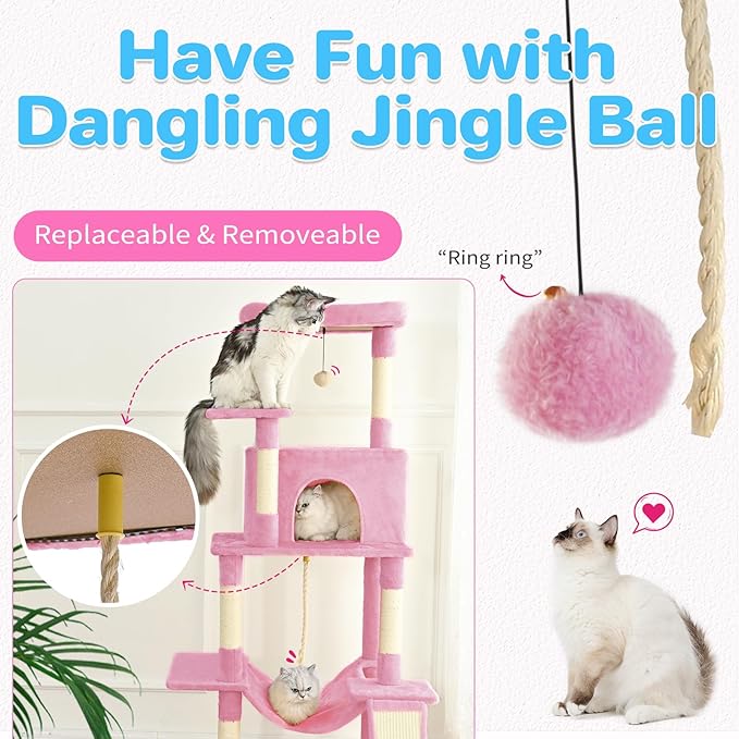 Cat Tree Tower 63in Multi-Level Cat Tower for Indoor Cats with Sisal Scratching Posts, Condo, Hammock, Dangling Ball and Extended Platform for Cats to Play, Pink-Mewly Pet