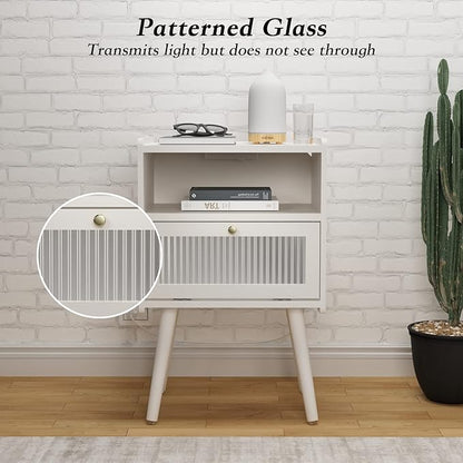 Mid Century Modern Nightstand with Charging Station, Bedside Tables with Glass Decorative Door, End Table Side Table with 2 Tiers Storage Space, for Bedroom, Living Room, White