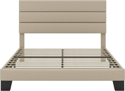 SHA CERLIN Full Platform Bed Frame with Upholstered Fabric Headboard, Mattress Foundation with Strong Wooden Slats Support, No Box Spring Needed, Beige
