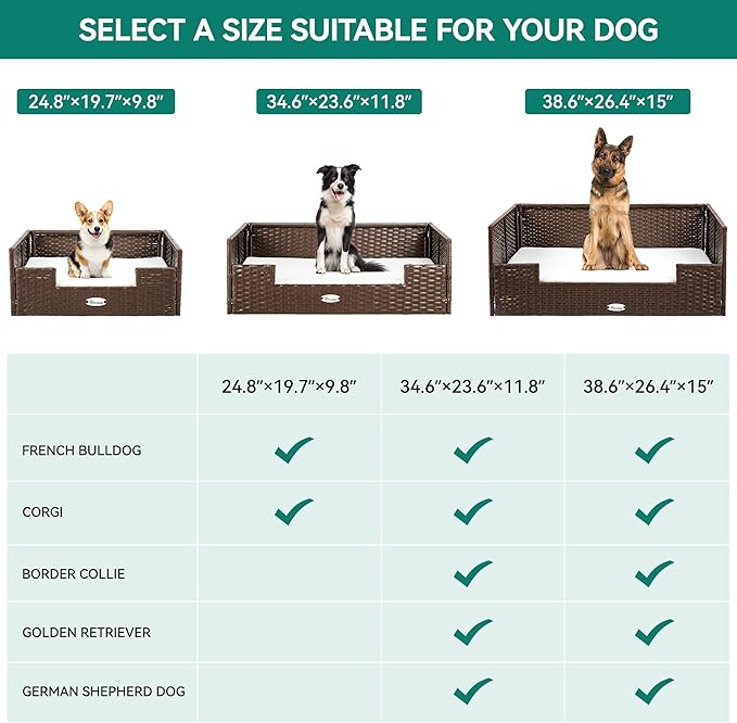 YITAHOME Rattan Dog Sofa Bed with Cushion, Wicker Pet Bed Sofa Couch Indoor Outdoor Waterproof for Large Medium Small Dogs Cats (34.6''L*23.6''W*11.8''H,Beige)-Mewly Pet