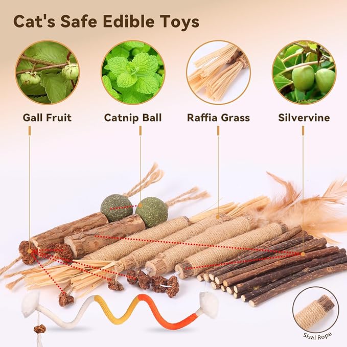 Cat Toys Cat Chew Toys, Silvervine Sticks Catnip Rope Toys for Cats Teeth Cleaning, Kitten Dental Care, Kitty for Indoor Cats Increase Appetite,Enhances Oral & Dental Health (21 Pack)-Mewly Pet