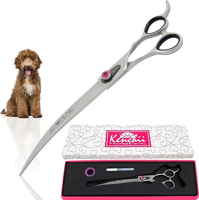 Kenchii Love Dog Grooming Scissors, 9 Inch Curved Shears, Dog Scissors for Grooming, Professional Pet Grooming Scissors-Mewly Pet