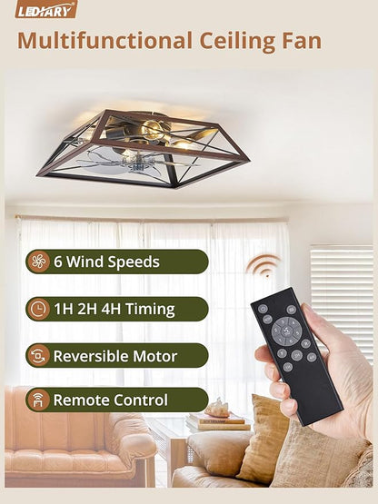 LEDIARY Ceiling Fan with Light, 24 Inch Farmhouse Caged Flush Mount, Low Profile Fan Light Fixture, Small Industrial Rustic Ceiling Fan with Remote