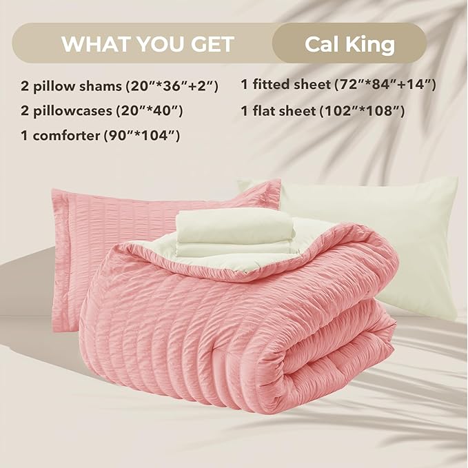 HYMOKEGE Pink/Ivory California King Comforter Set Seersucker 7 Pieces, All Season Luxury Bed in a Bag for Bedroom, Bedding Set with Comforter, Sheets, Pillowcases & Shams