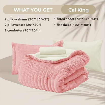 HYMOKEGE Pink/Ivory California King Comforter Set Seersucker 7 Pieces, All Season Luxury Bed in a Bag for Bedroom, Bedding Set with Comforter, Sheets, Pillowcases & Shams