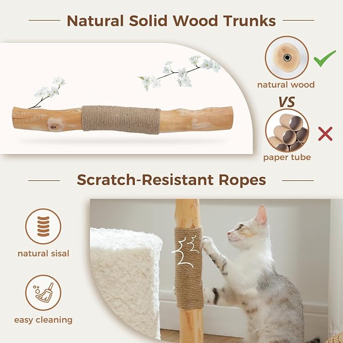 PAWZ Road Modern Cat Tree with Natural Solid Wood Scratching Post, 40 Inches Cat Tower with Spacious Wicker Basket,Large Hammock,Luxury Condo for Indoor Cats-Mewly Pet