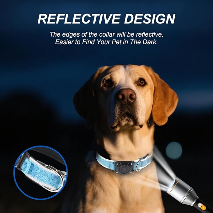 Waterproof Airtag Dog Collar - Nylon Collar with Durable Airtag Holder, Reflective&Anti-Lost with Safety Metal Buckle, Soft Padded Adjustable for Small Medium Large Dogs Blue L-Mewly Pet