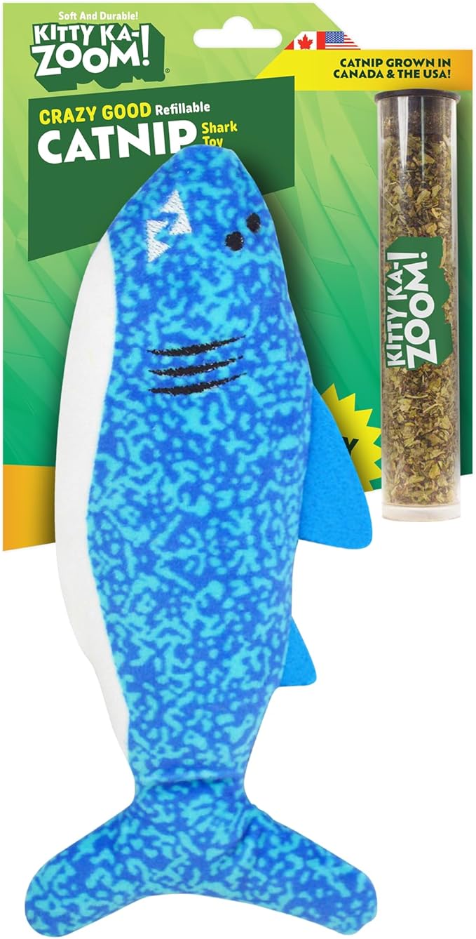 ZOOMIE Shark Kicker - Refillable Catnip Toy + Catnip | High Potency Hand Harvested Fresh | Soft Plush for Engaging Play-Mewly Pet