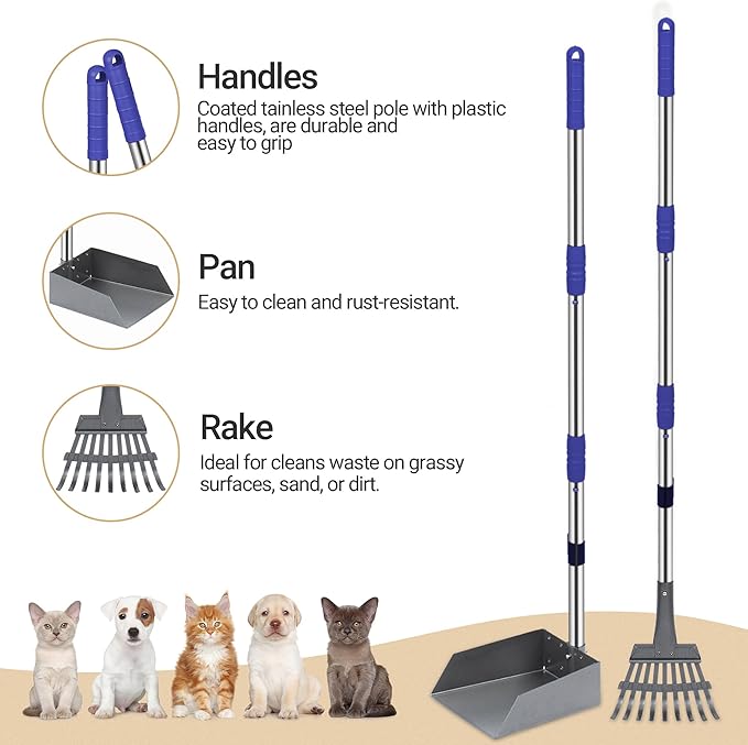 Heeyoo Dog Pooper Scooper, Dog Poop Tray and Rake Set, Pet Waste Removal Scoop with Long Adjustable Sectional Stainless Handles-Mewly Pet